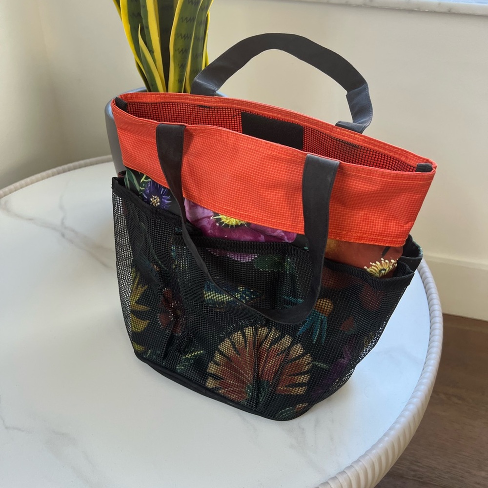 Floral Mesh Tote Bag with Orange Accents